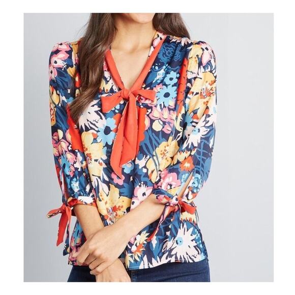 ModCloth Gleeful Again Tie Neck Blouse Womens Large Blue Floral Retro Office - Picture 1 of 11